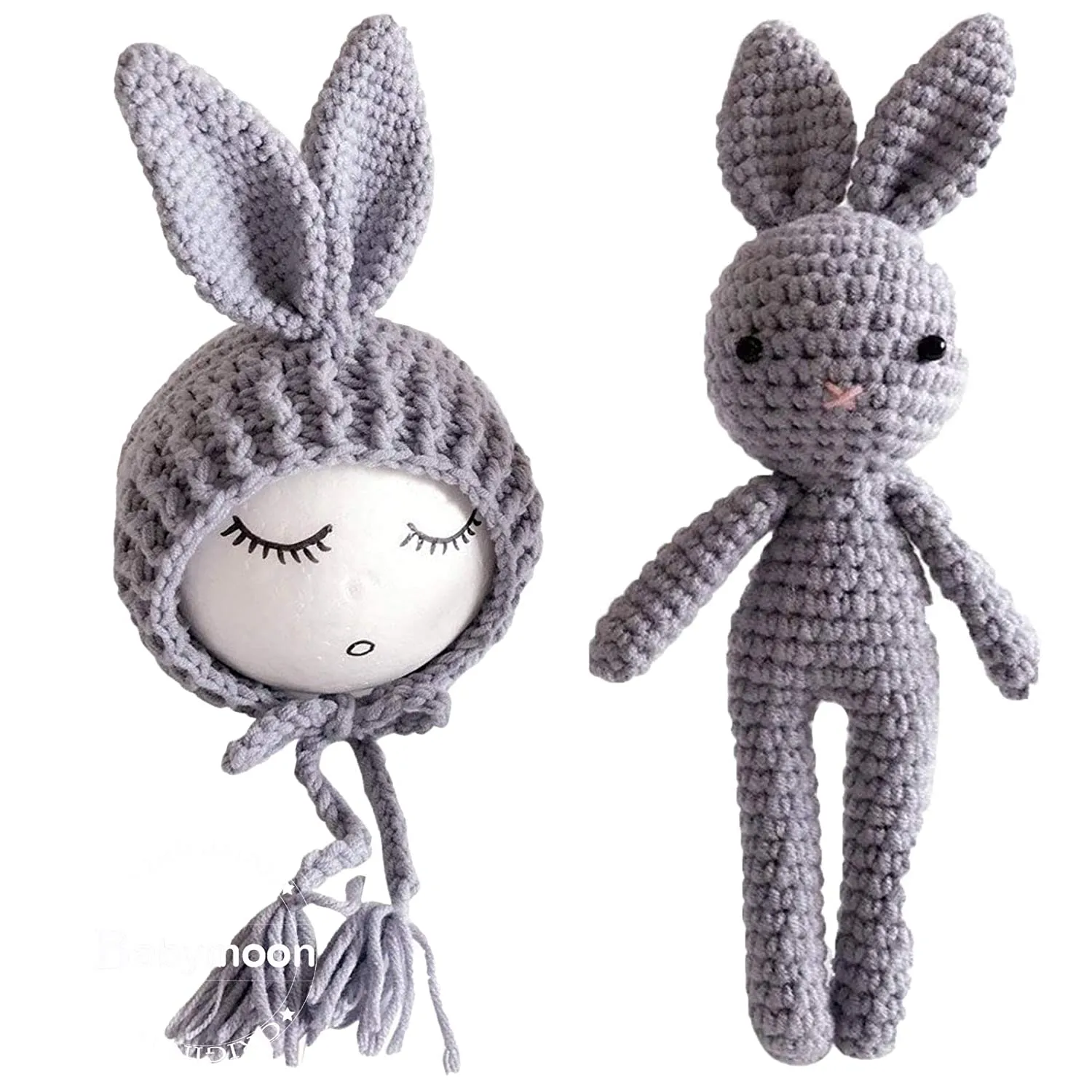 Babymoon Rabbit Toy with Cap New Born Baby Photography Shoot Props Costumes- Grey