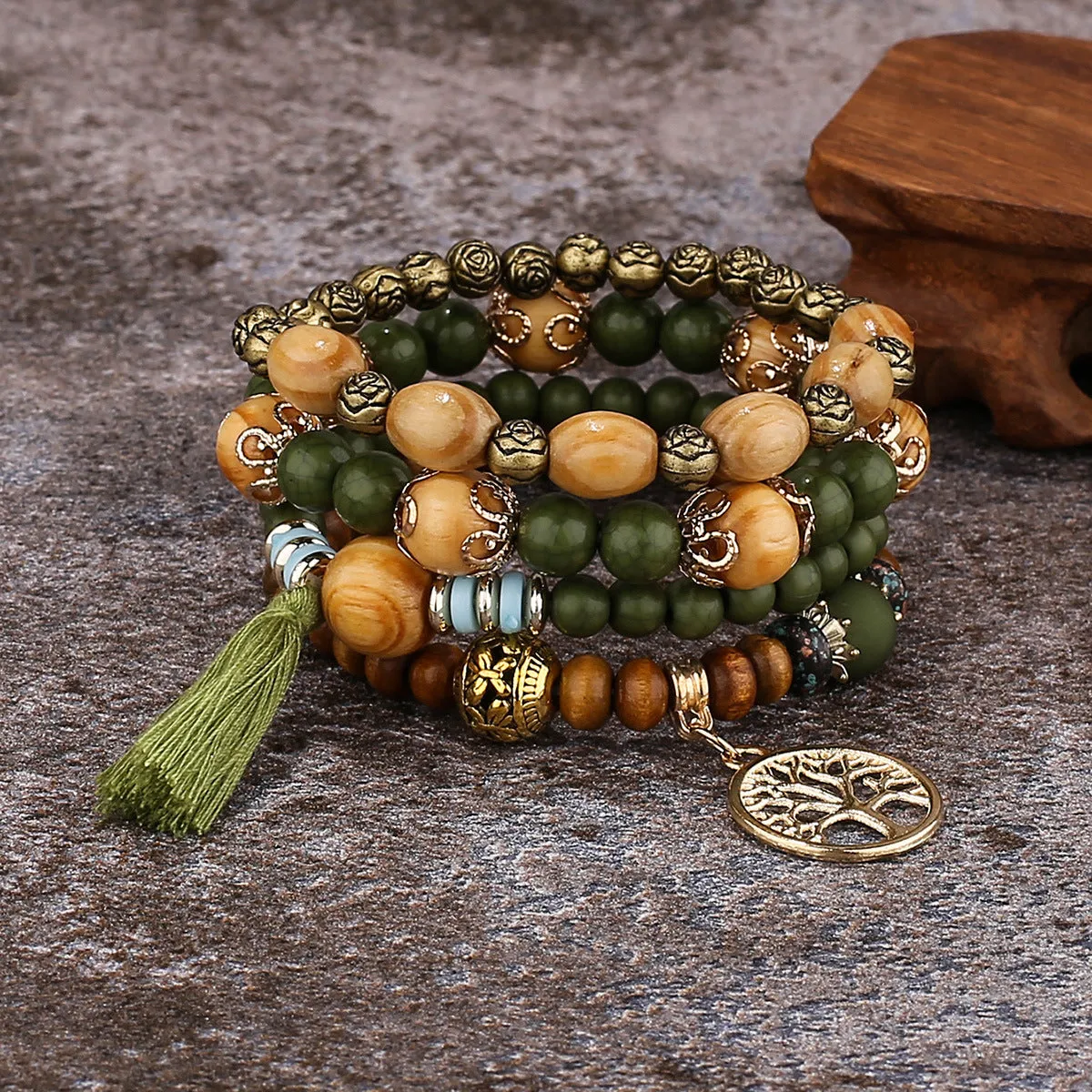 Bohemian style multi-layer wood bead beaded bracelet