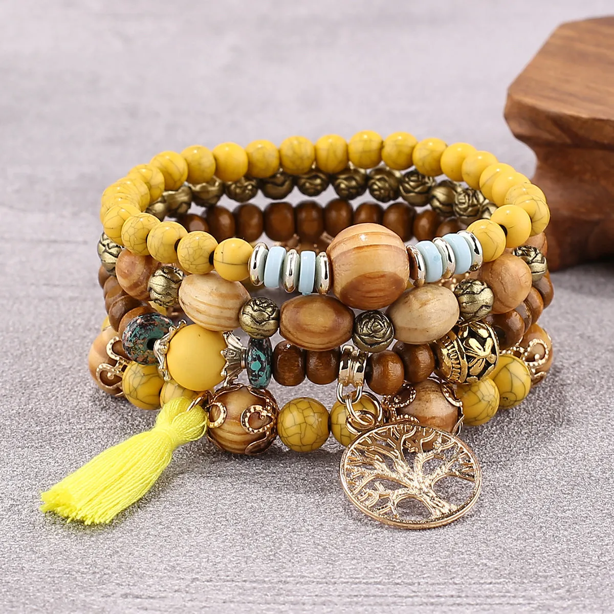 Bohemian style multi-layer wood bead beaded bracelet
