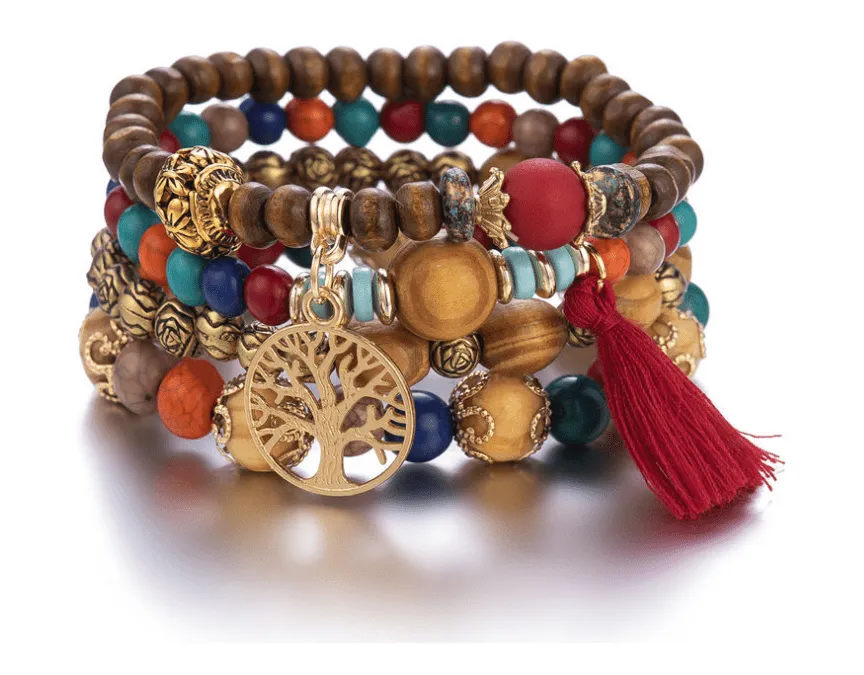 Bohemian style multi-layer wood bead beaded bracelet