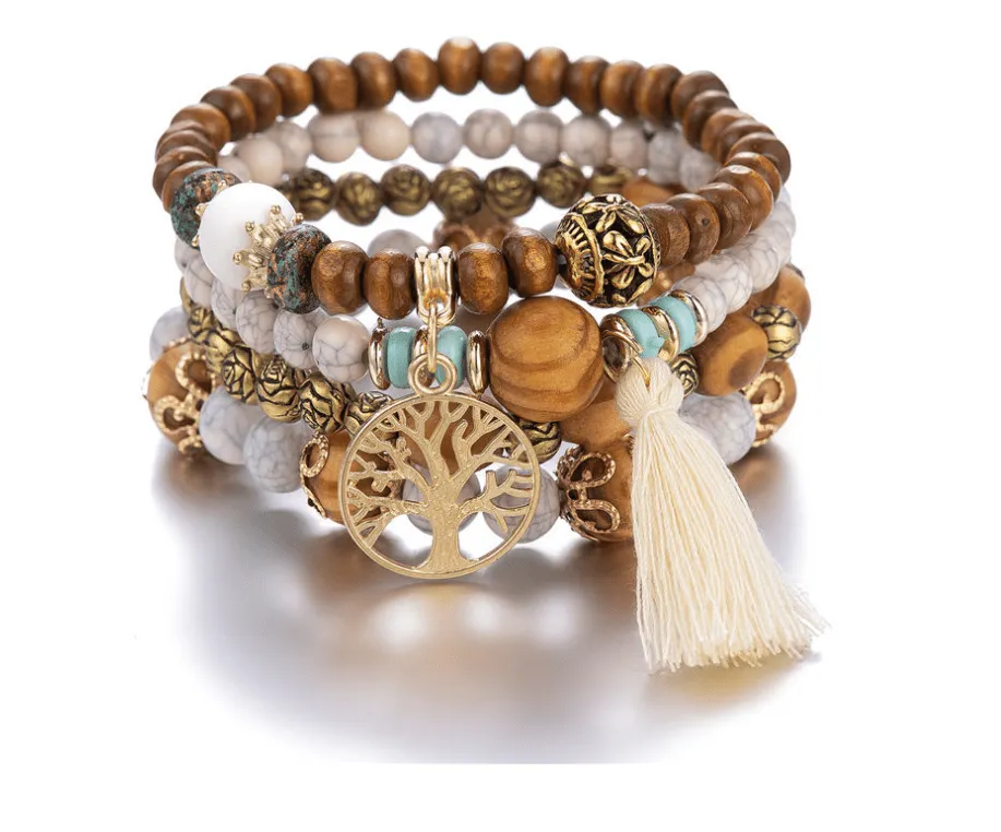 Bohemian style multi-layer wood bead beaded bracelet