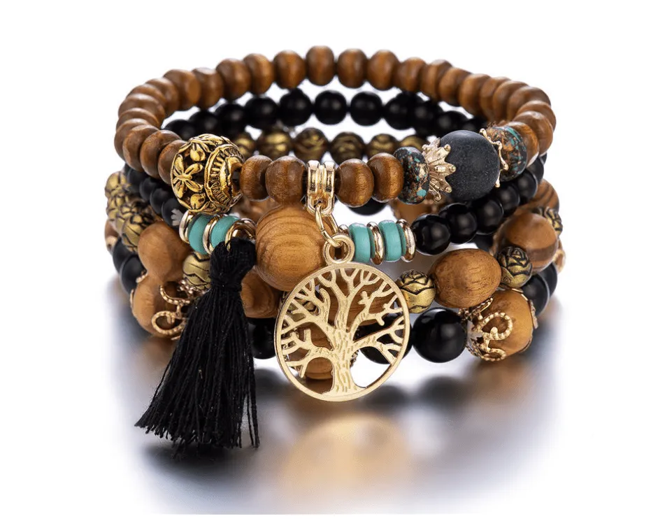 Bohemian style multi-layer wood bead beaded bracelet