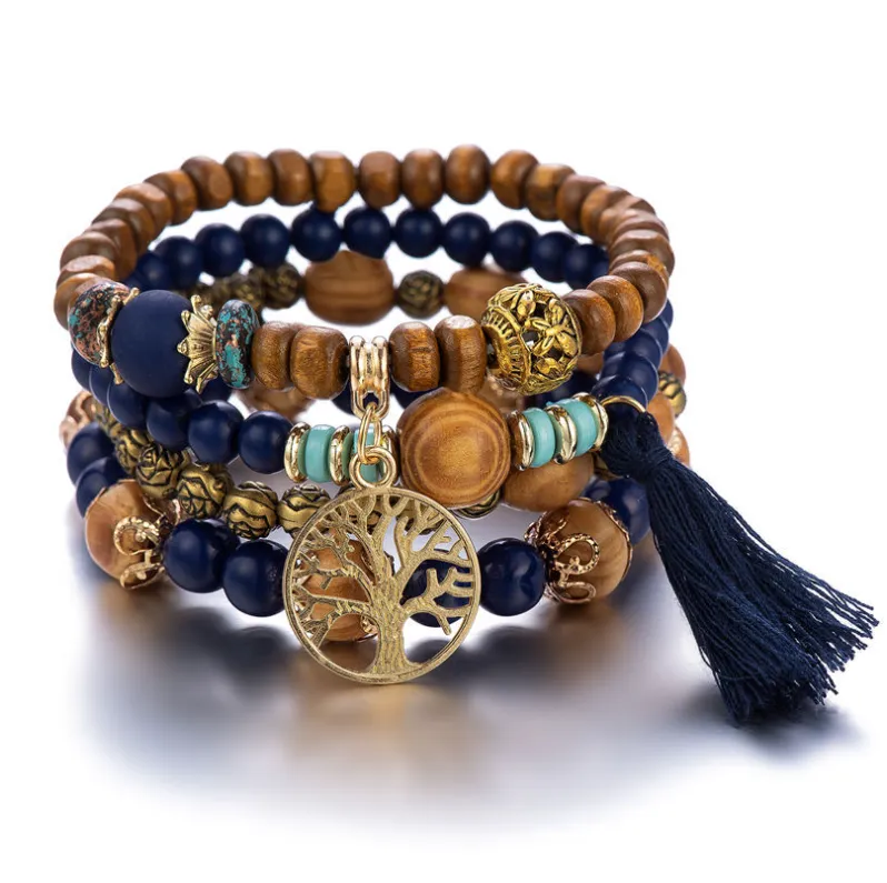 Bohemian style multi-layer wood bead beaded bracelet
