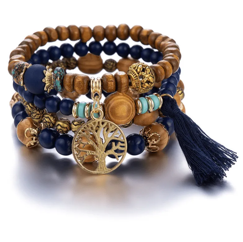 Bohemian style multi-layer wood bead beaded bracelet