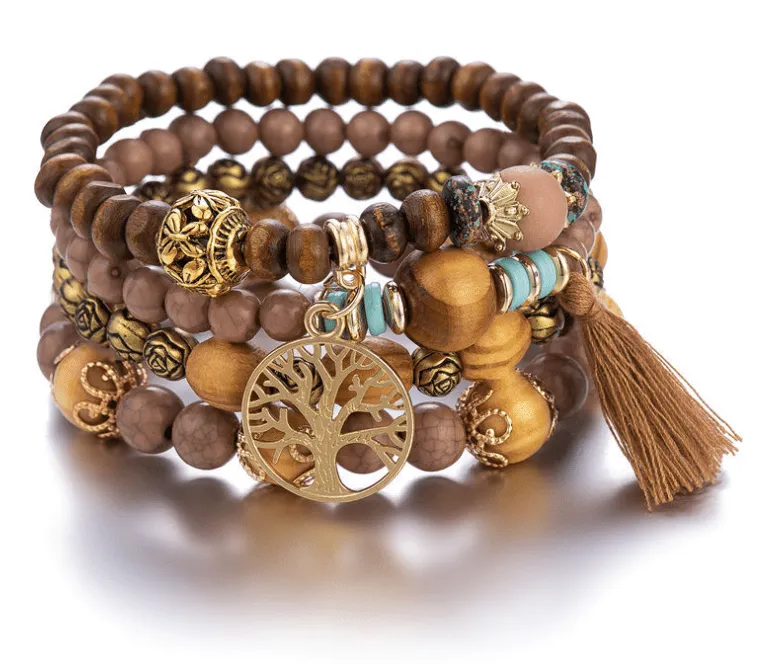 Bohemian style multi-layer wood bead beaded bracelet