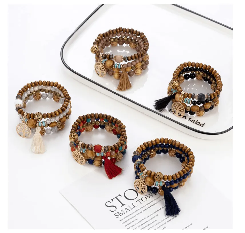 Bohemian style multi-layer wood bead beaded bracelet