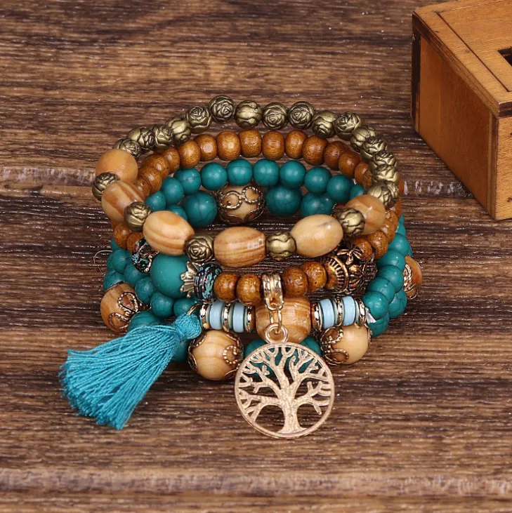 Bohemian style multi-layer wood bead beaded bracelet