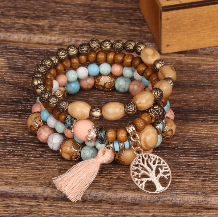 Bohemian style multi-layer wood bead beaded bracelet