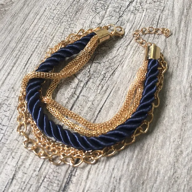GOLD CHAIN MULTI-LAYER NAVY BLUE BRAIDED ROPE NAUTICAL BRACELET