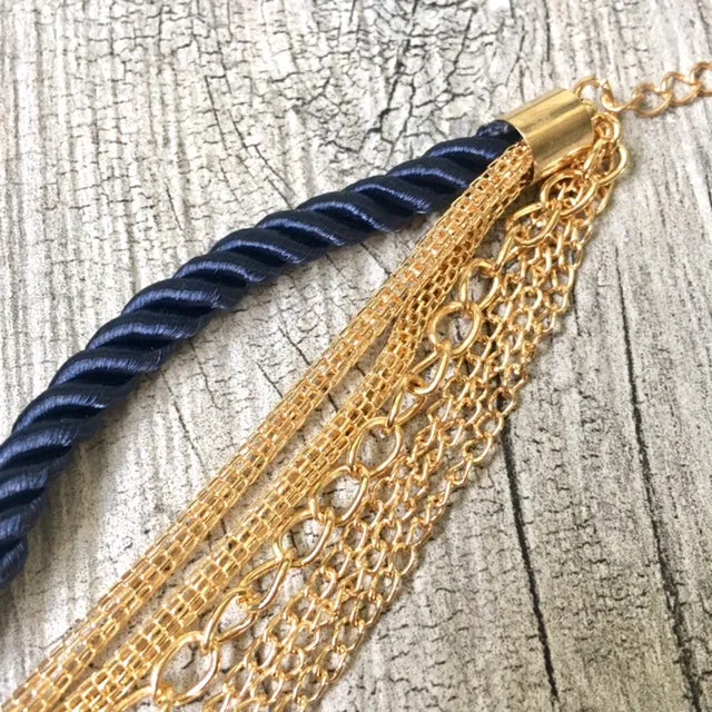 GOLD CHAIN MULTI-LAYER NAVY BLUE BRAIDED ROPE NAUTICAL BRACELET