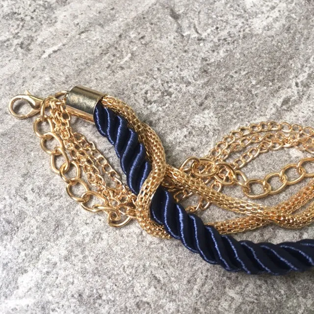 GOLD CHAIN MULTI-LAYER NAVY BLUE BRAIDED ROPE NAUTICAL BRACELET
