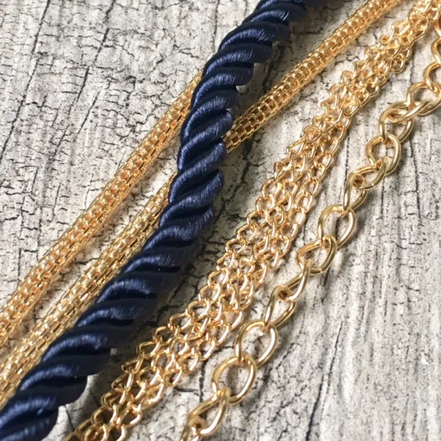 GOLD CHAIN MULTI-LAYER NAVY BLUE BRAIDED ROPE NAUTICAL BRACELET