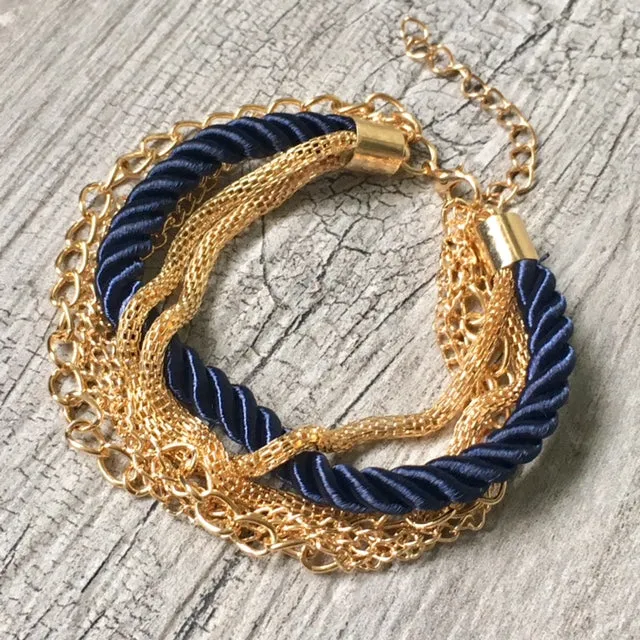 GOLD CHAIN MULTI-LAYER NAVY BLUE BRAIDED ROPE NAUTICAL BRACELET
