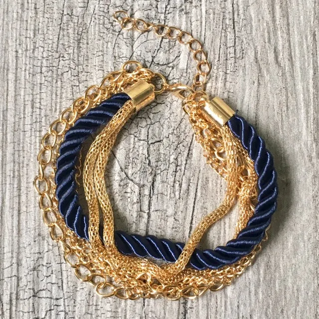 GOLD CHAIN MULTI-LAYER NAVY BLUE BRAIDED ROPE NAUTICAL BRACELET