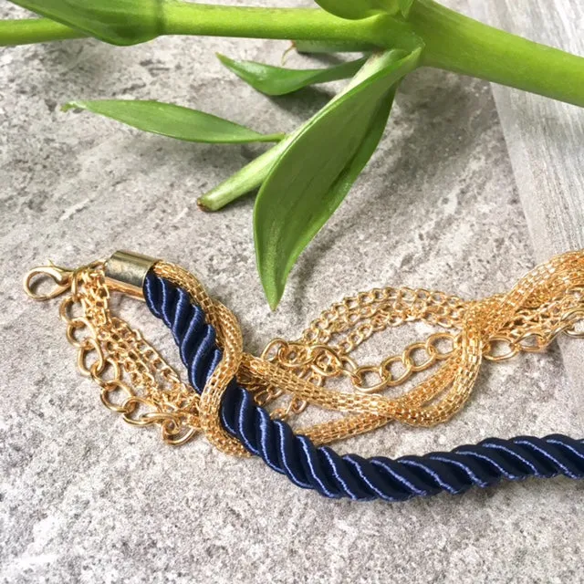 GOLD CHAIN MULTI-LAYER NAVY BLUE BRAIDED ROPE NAUTICAL BRACELET