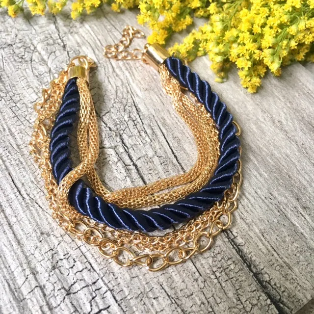 GOLD CHAIN MULTI-LAYER NAVY BLUE BRAIDED ROPE NAUTICAL BRACELET