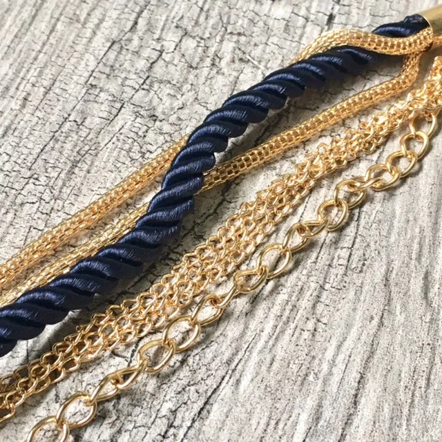 GOLD CHAIN MULTI-LAYER NAVY BLUE BRAIDED ROPE NAUTICAL BRACELET