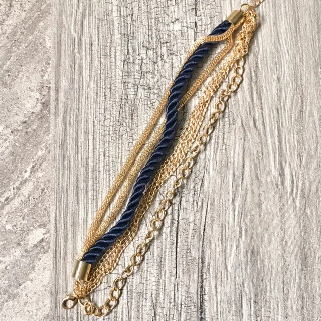 GOLD CHAIN MULTI-LAYER NAVY BLUE BRAIDED ROPE NAUTICAL BRACELET