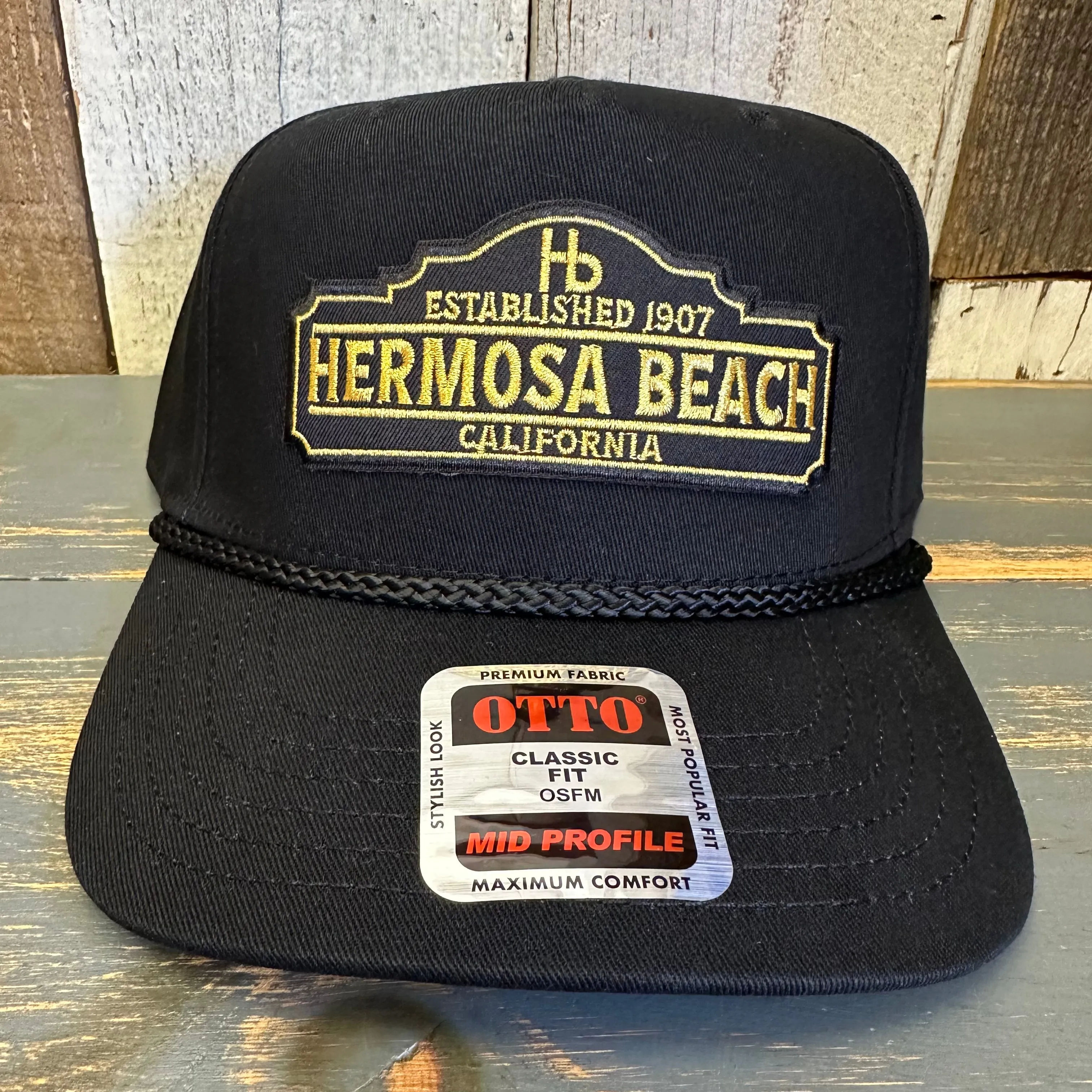 Hermosa Beach SURF HERMOSA :: OPEN DAILY 5 Panel Mid Profile Baseball Cap - Black