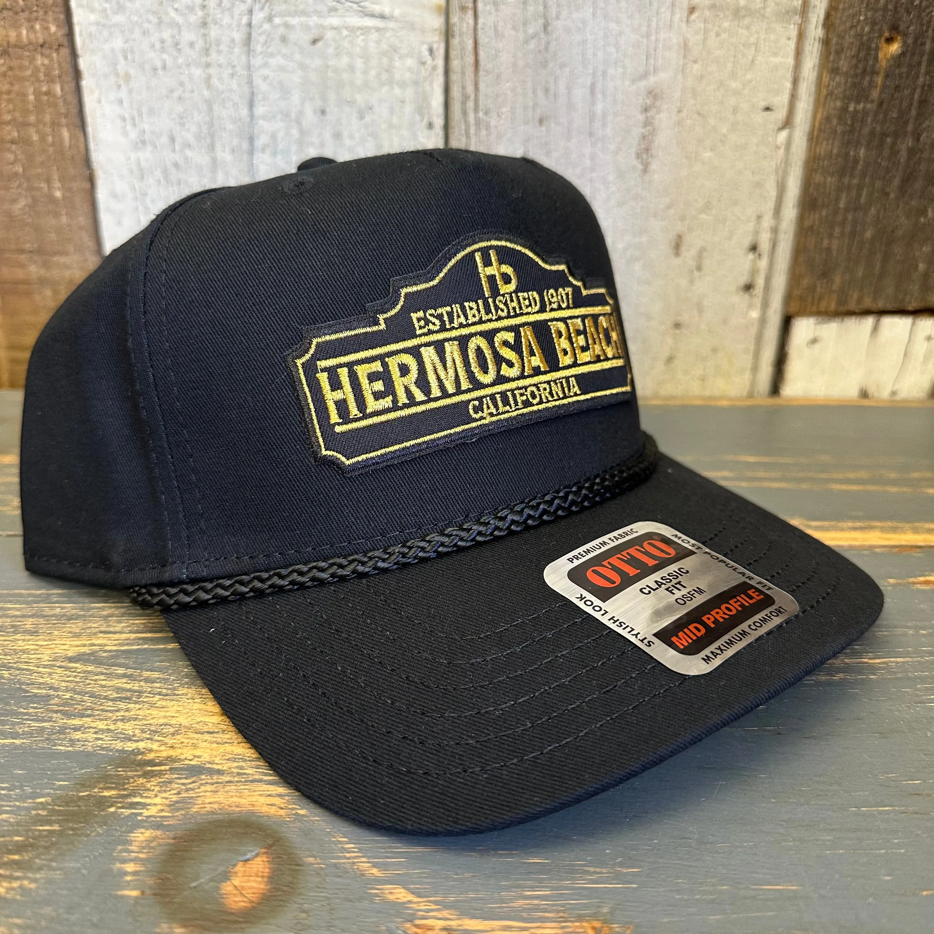 Hermosa Beach SURF HERMOSA :: OPEN DAILY 5 Panel Mid Profile Baseball Cap - Black