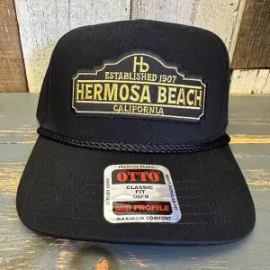 Hermosa Beach SURF HERMOSA :: OPEN DAILY 5 Panel Mid Profile Baseball Cap - Black
