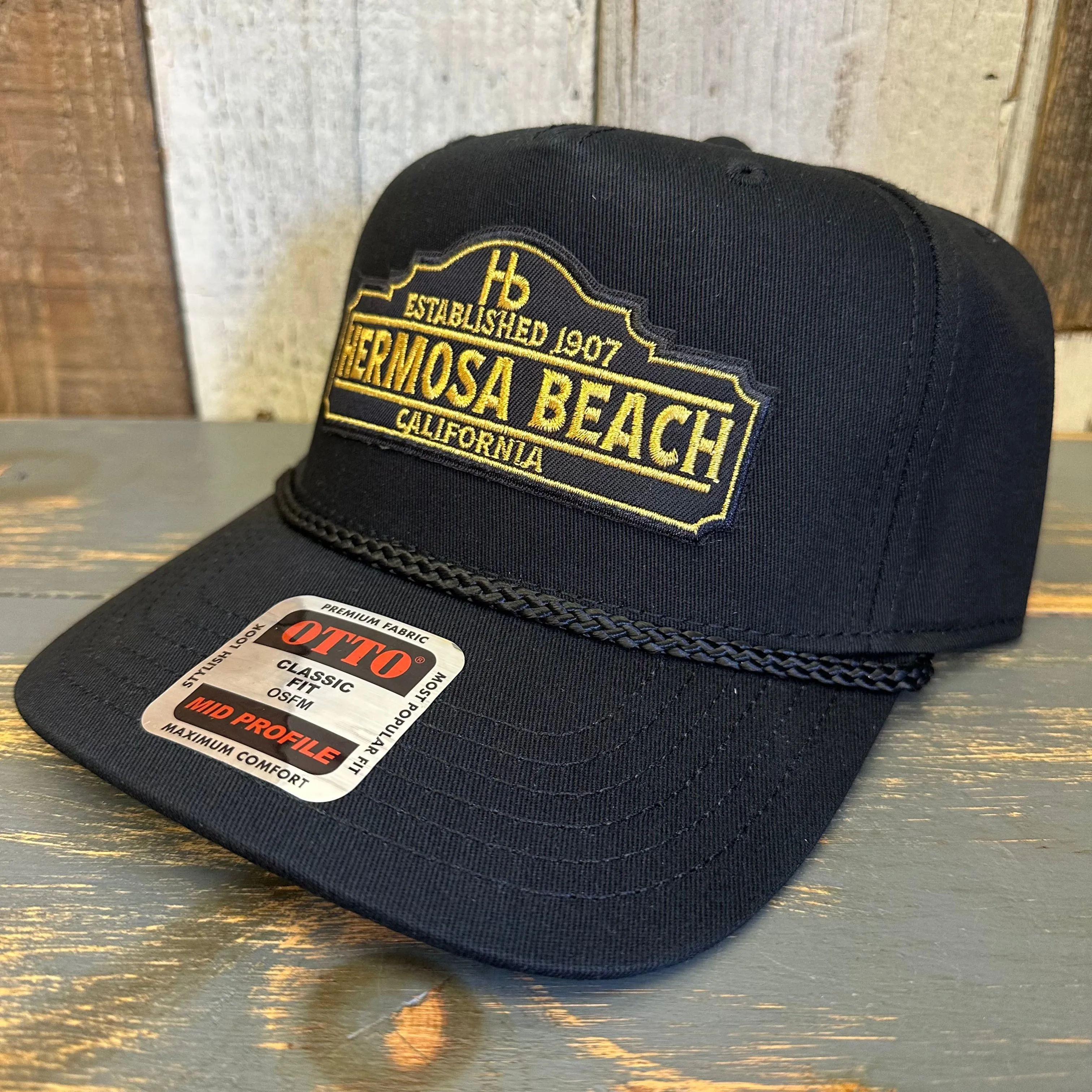 Hermosa Beach SURF HERMOSA :: OPEN DAILY 5 Panel Mid Profile Baseball Cap - Black