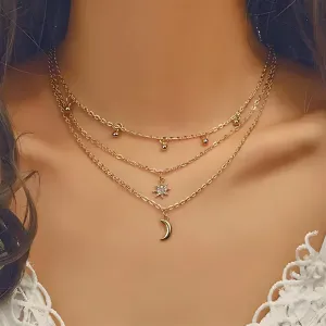 Multi-Layer Beads Choker Moon and Star Pendant Necklace