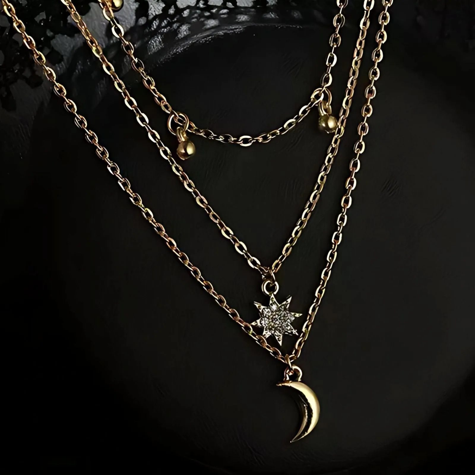 Multi-Layer Beads Choker Moon and Star Pendant Necklace