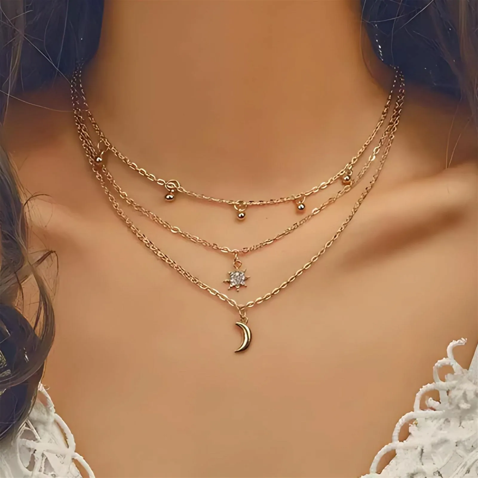 Multi-Layer Beads Choker Moon and Star Pendant Necklace