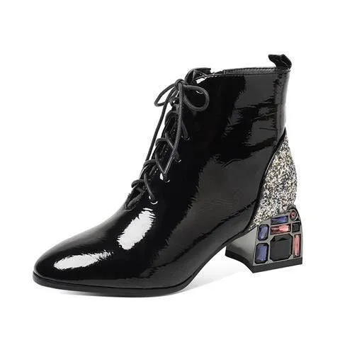New Rhinestone Thick Heel Patent Leather Sequins