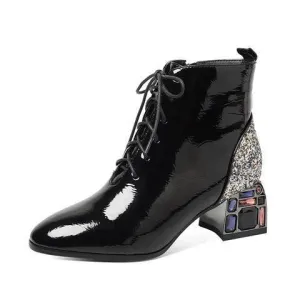 New Rhinestone Thick Heel Patent Leather Sequins