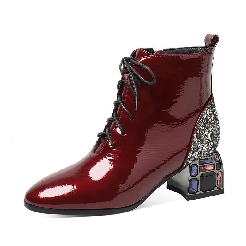 New Rhinestone Thick Heel Patent Leather Sequins
