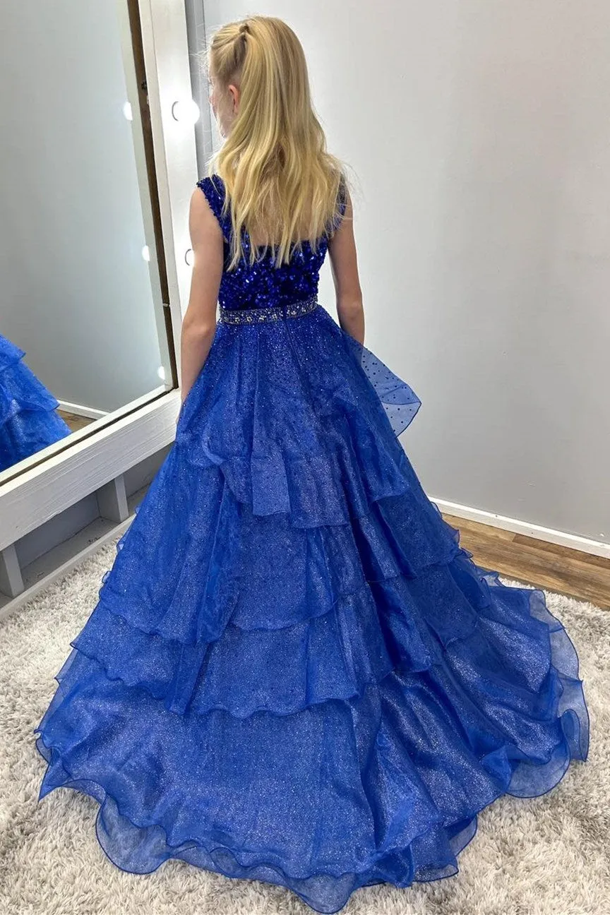 Royal Blue Sequin Beaded Multi-Layer Ruffle Girl Pageant Gown