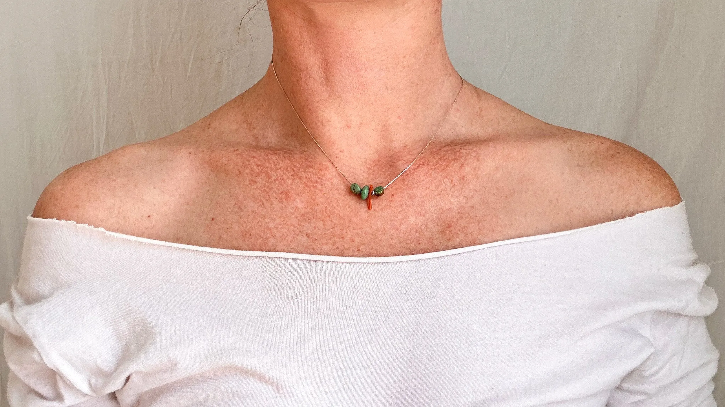 Turquoise & Coral Necklace. Sterling Silver Chain. 0988