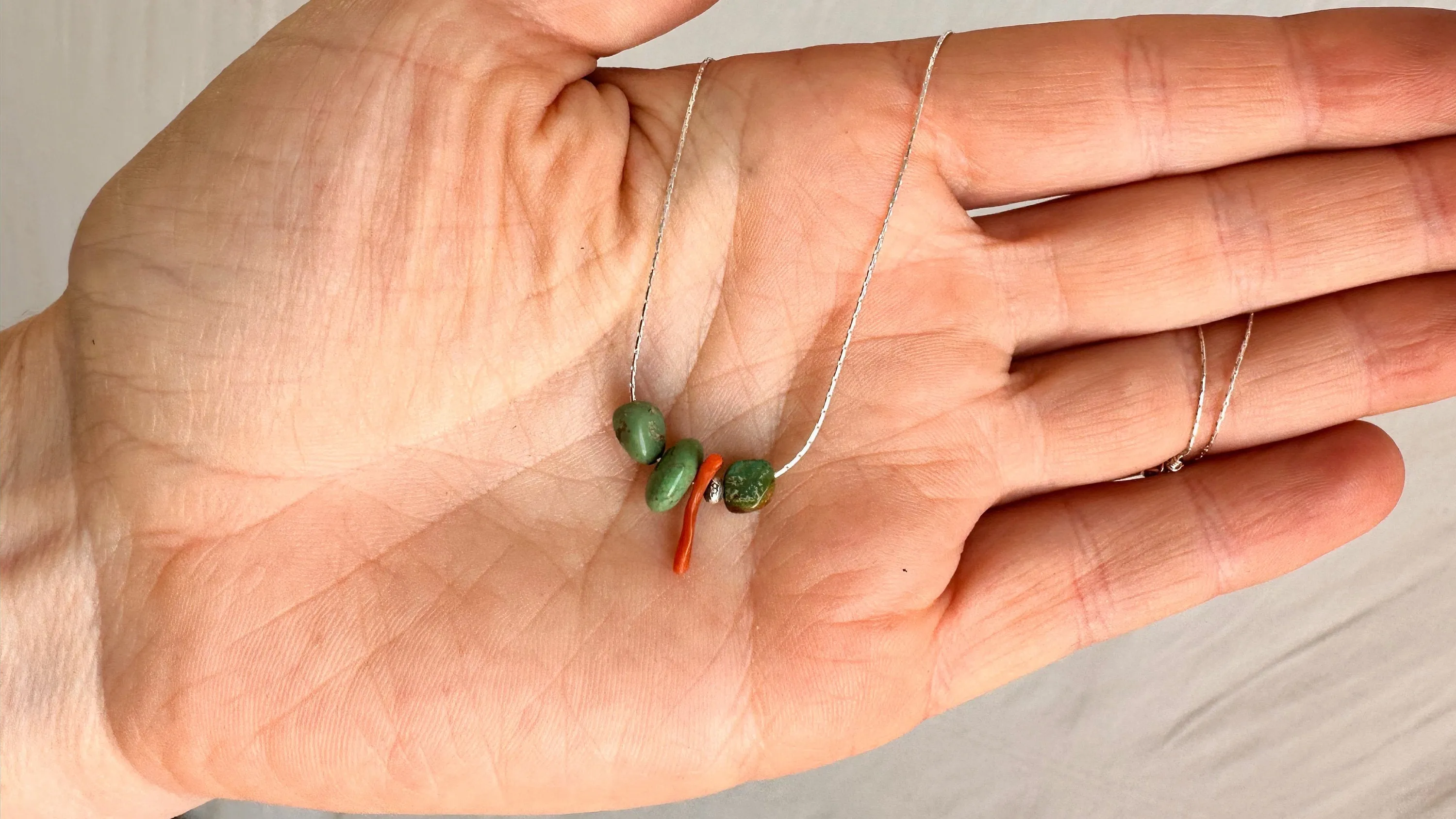 Turquoise & Coral Necklace. Sterling Silver Chain. 0988