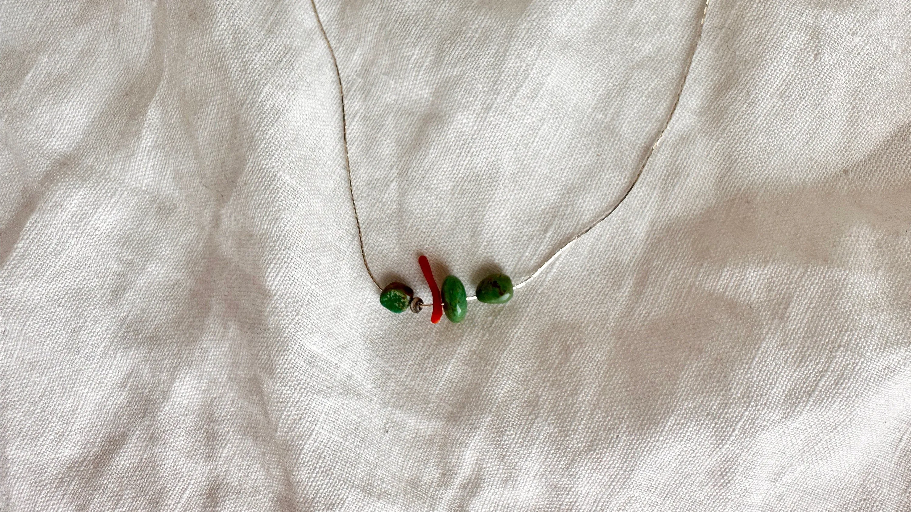 Turquoise & Coral Necklace. Sterling Silver Chain. 0988