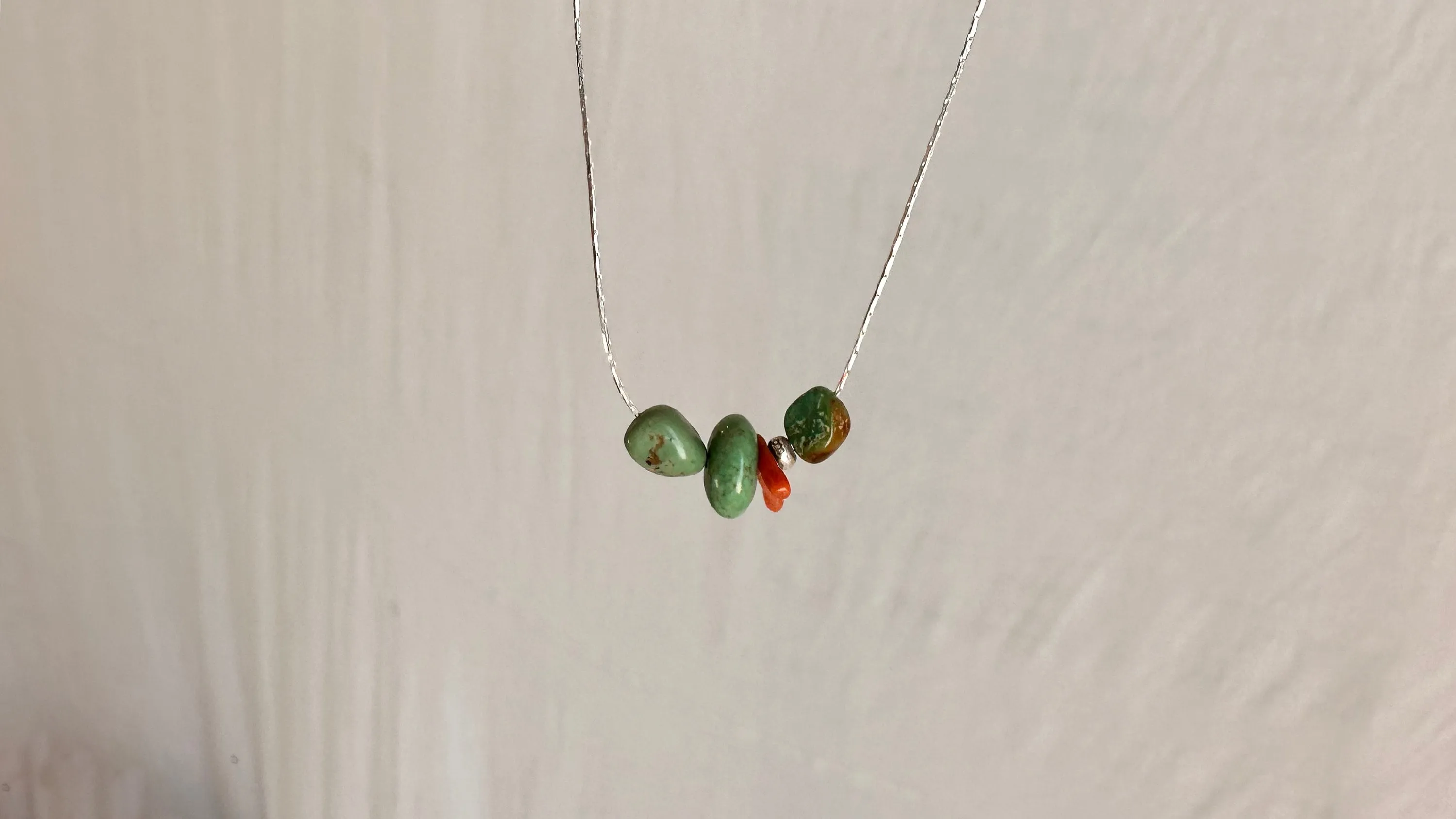 Turquoise & Coral Necklace. Sterling Silver Chain. 0988