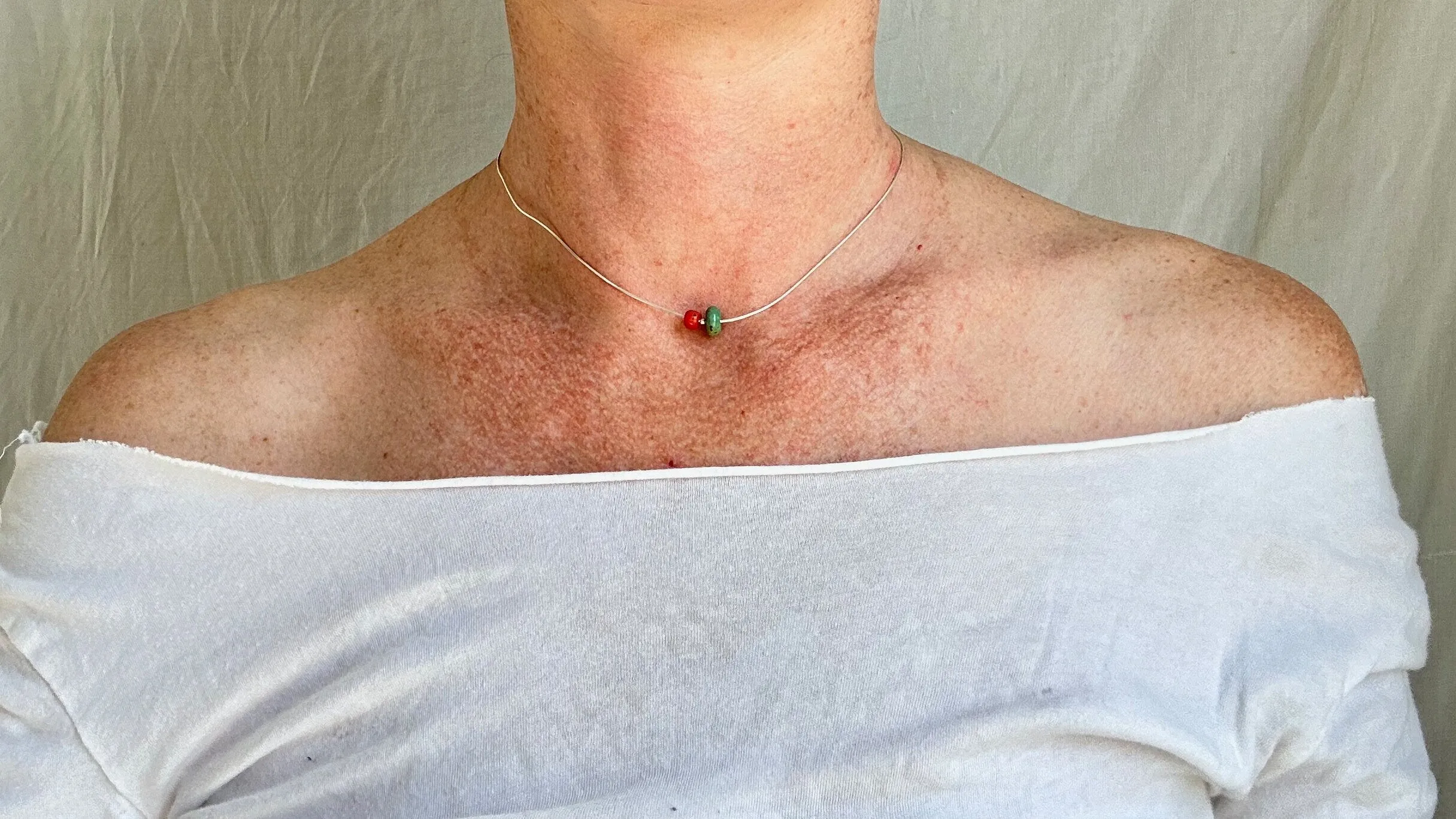 Turquoise & Coral Necklace. Sterling Silver Chain. 1105