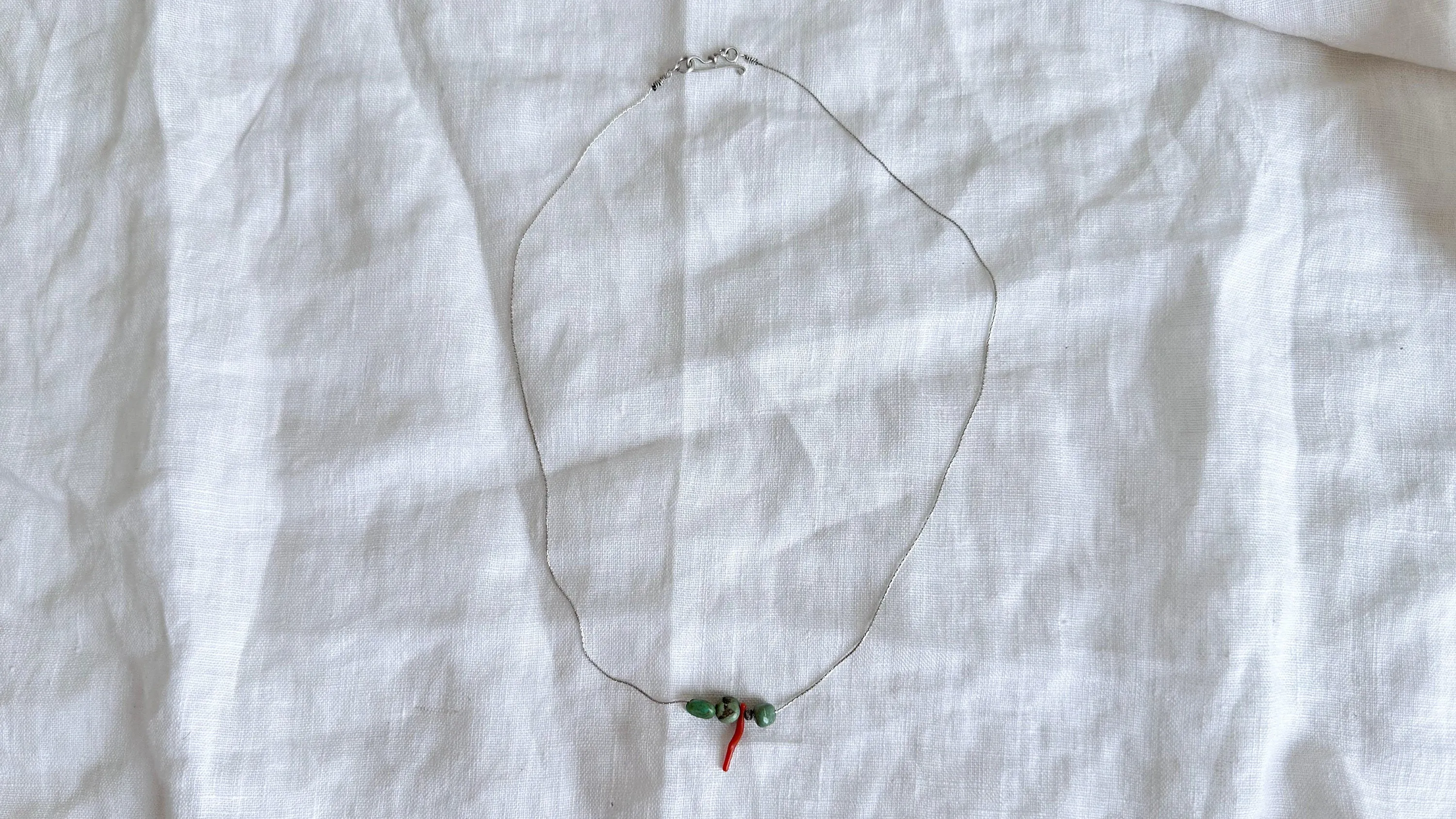 Turquoise & Coral Necklace. Sterling Silver Chain. 1422