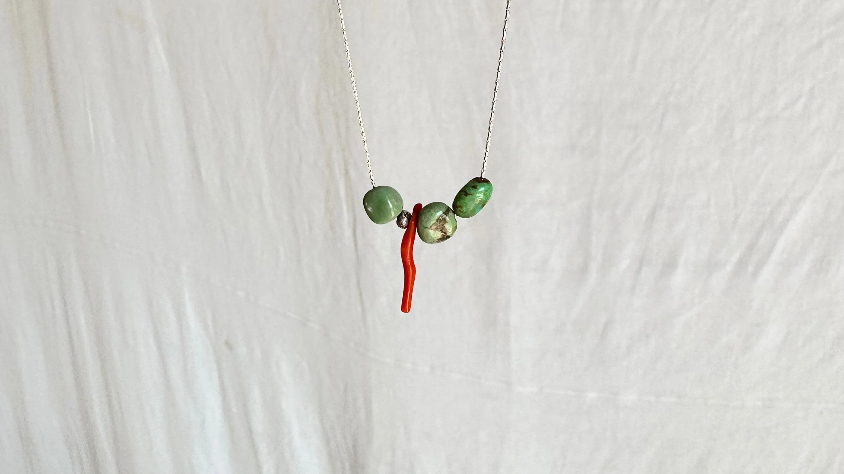 Turquoise & Coral Necklace. Sterling Silver Chain. 1422