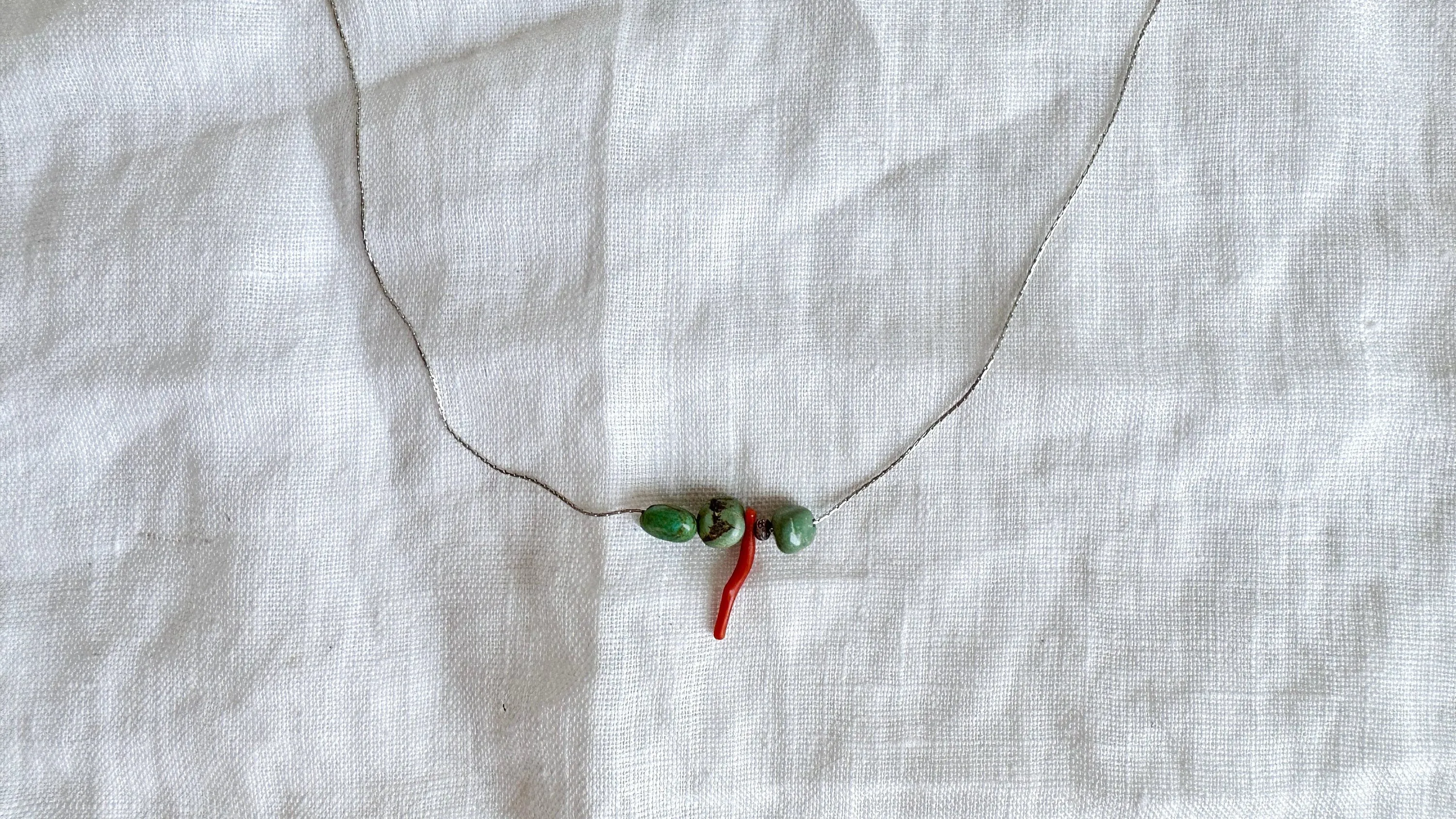 Turquoise & Coral Necklace. Sterling Silver Chain. 1422